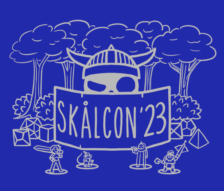 Preview of a t-shirt design with a blue background and gray lines. Skally sits behind a GM screen in the woods, surrounded by dice and miniatures.